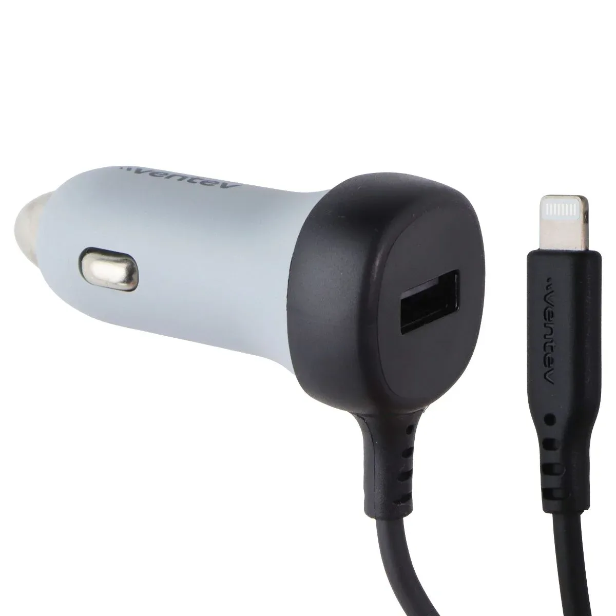 27W Dual Car Charger (USB-A Port + Connected 8-Pin Cable) - Gray/Black